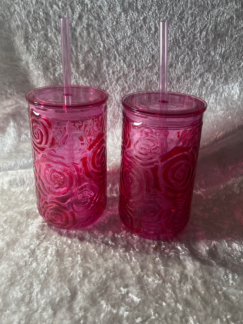 The Spring Shop Pink Rose-Embossed Reusable Tumbler Duo with Straws